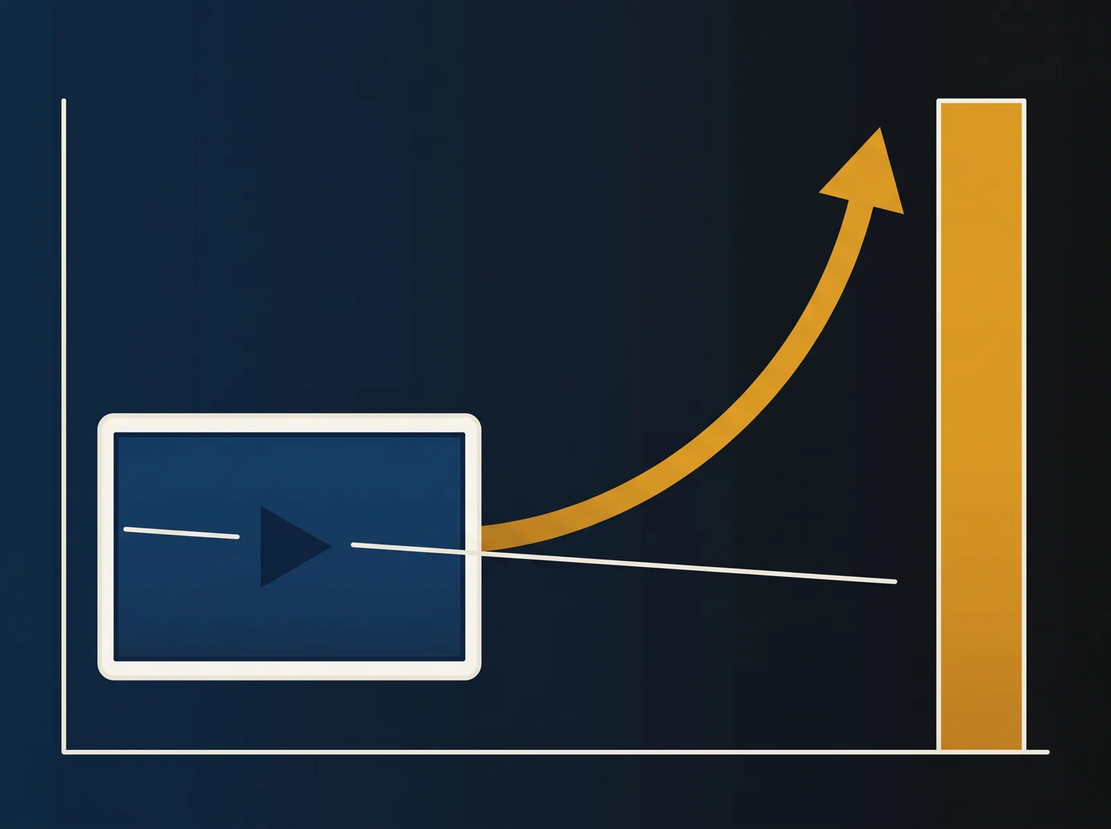A flat video screen with a declining line, a gold arrow rising out of it to a tall gold bar