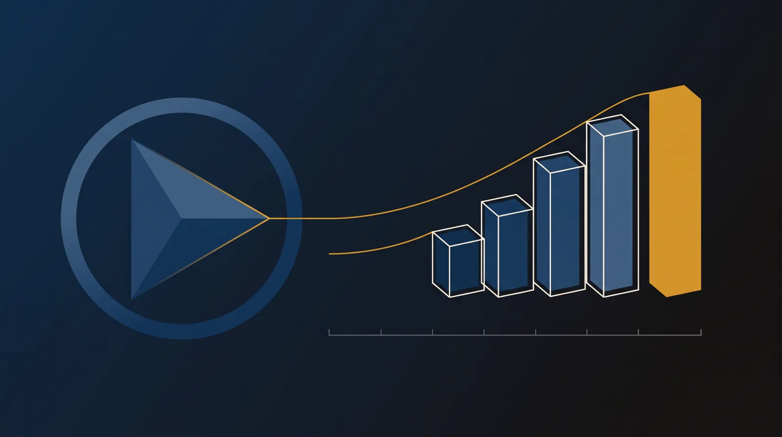 A play button feeding a rising gold line that becomes a climbing bar chart, the tallest bar highlighted gold
