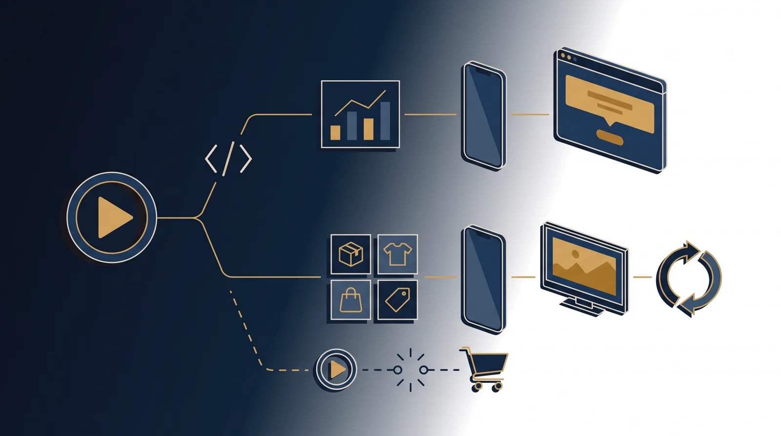 A fork from a play button: an upper branch through an API bracket and a chart to a phone and desktop, a lower branch through a catalog storefront to a phone, a TV and a recurring-subscription loop, and a separate dashed broken circuit between a play circle and a shopping cart