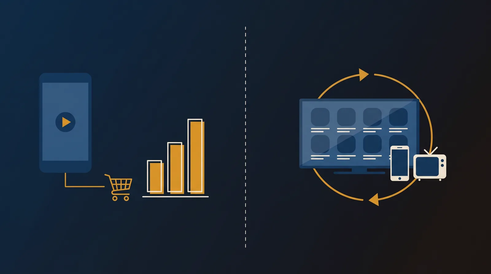 Split illustration: a vertical video player linked to a cart and a bar chart on the left, a catalog grid on screens with a subscription loop on the right