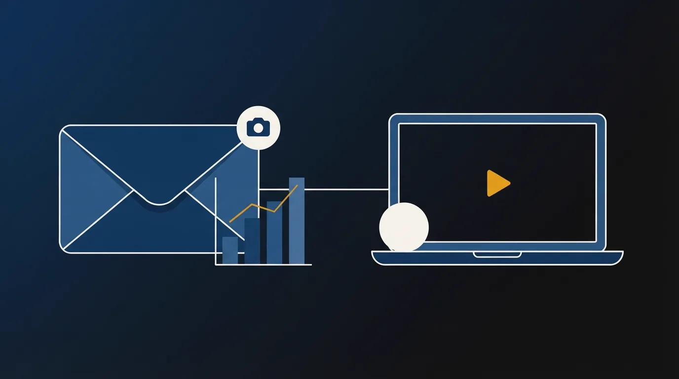 An envelope with a camera bubble and a small bar chart beside a laptop screen with a round webcam bubble and a play button