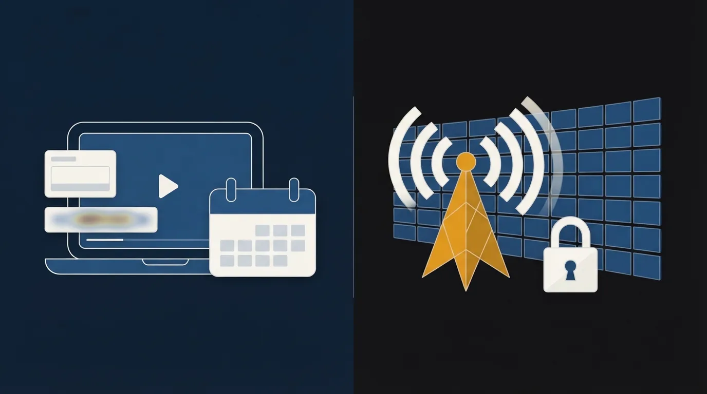 A video player with a form card and webinar tile on the left, a broadcast tower sending signal to a wall of screens with a ticket lock on the right