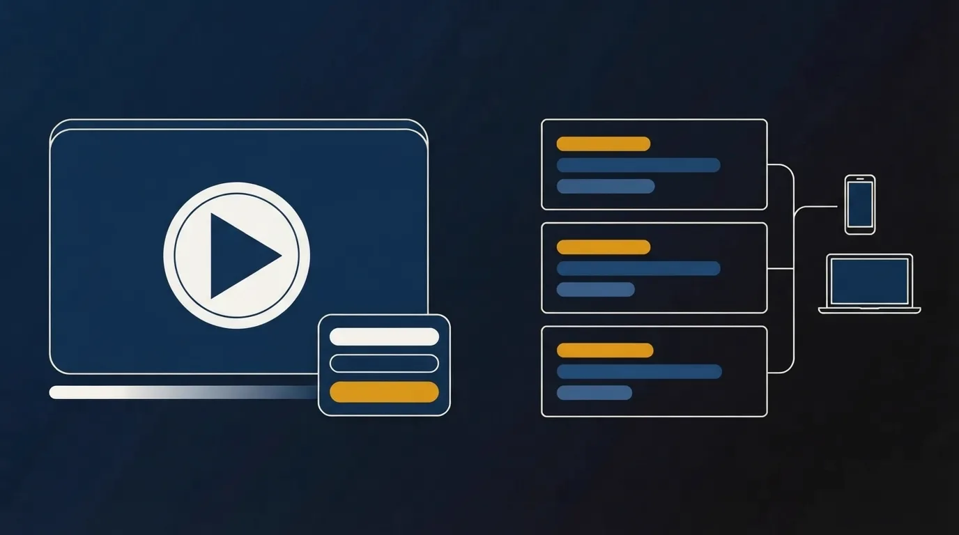 A video player with a lead form card on the left, and stacked panels feeding video into a phone and laptop on the right