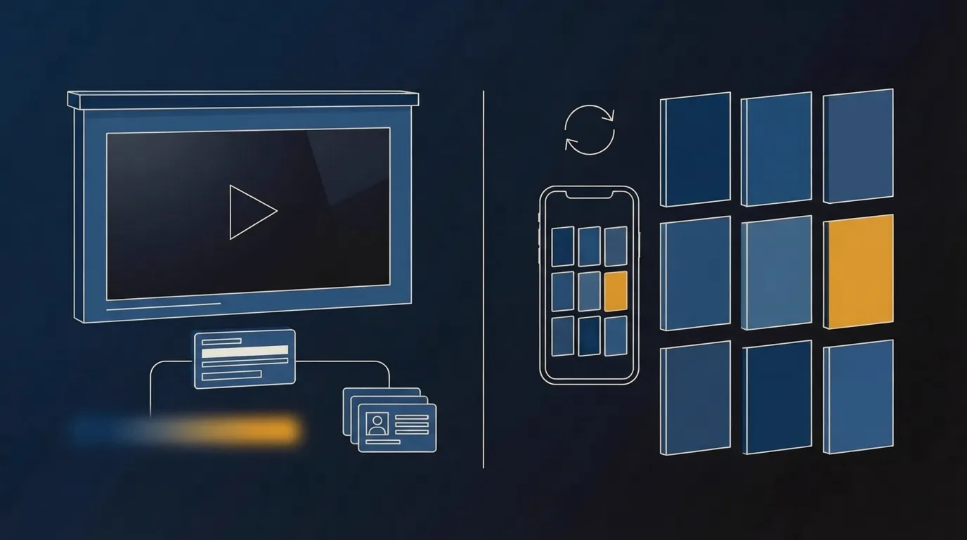 A video player with a form card feeding contact cards on the left, a grid of catalog tiles and a phone with a subscription loop on the right
