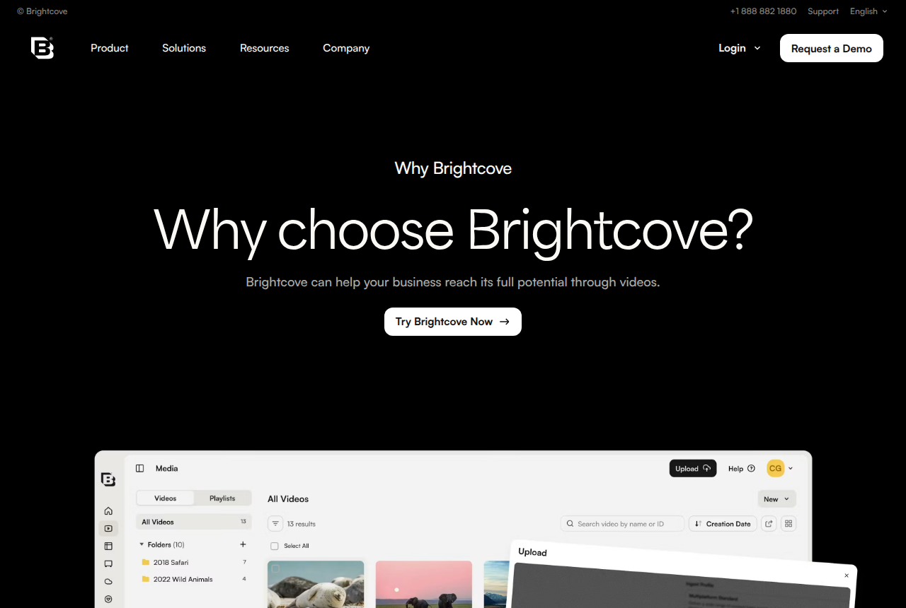 Brightcove Why page with the Brightcove navigation, a Why choose Brightcove heading, a Try Brightcove Now button and a video-library interface
