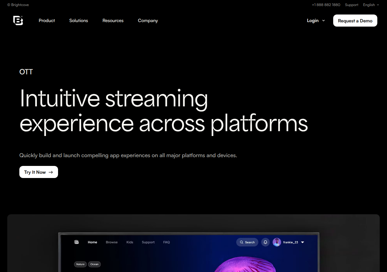 The Brightcove OTT page shows the platform heading above a connected-TV application screen and says it launches apps across major platforms and devices.