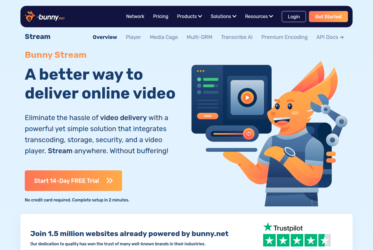 Bunny Stream homepage headed "A better way to deliver online video" with a 14-day free trial button