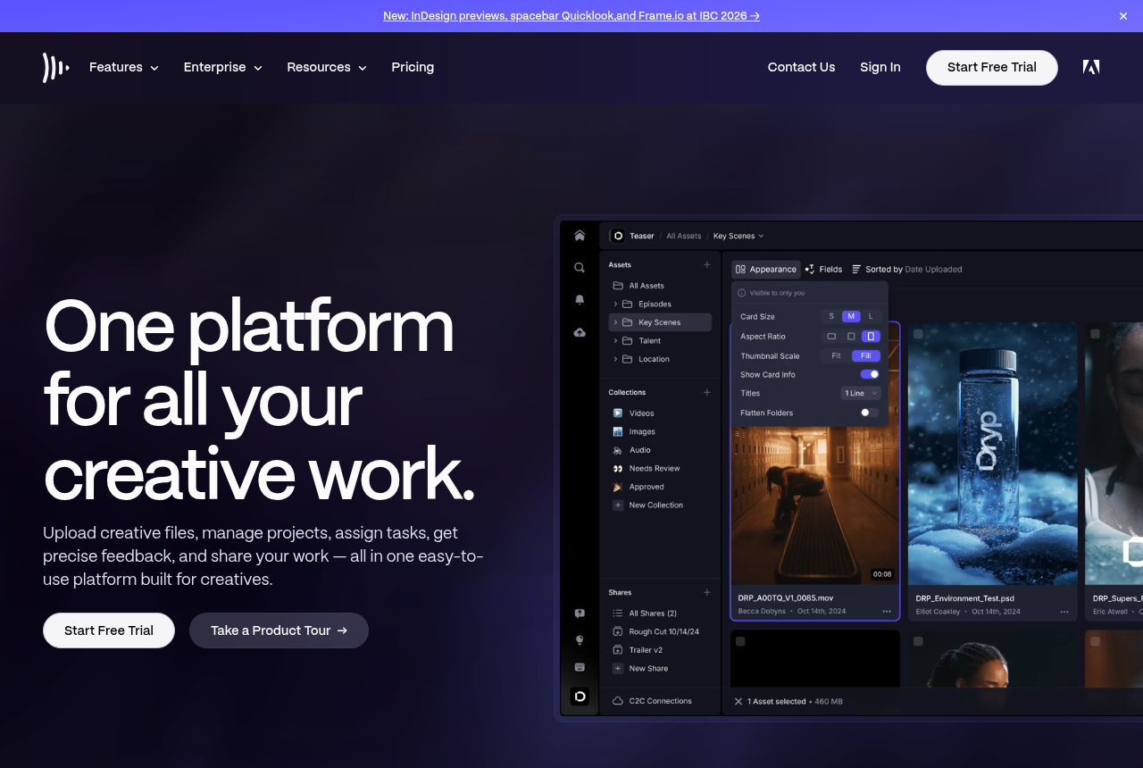 Frame.io homepage, showing its review-and-approval workspace for creative teams
