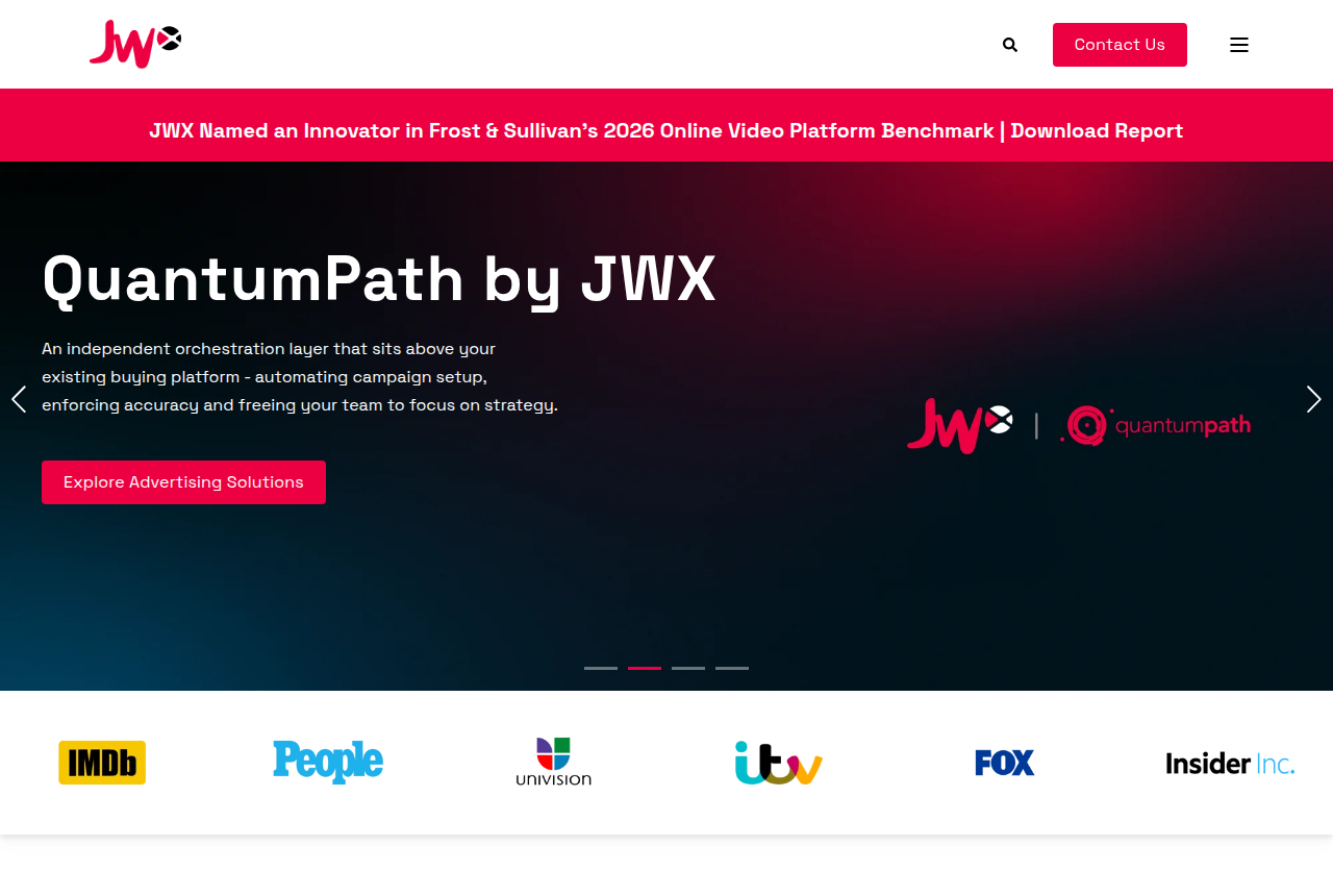 JWX homepage with the JW logo, a red Contact Us button, a Frost and Sullivan banner, and a QuantumPath by JWX hero above a row of publisher logos