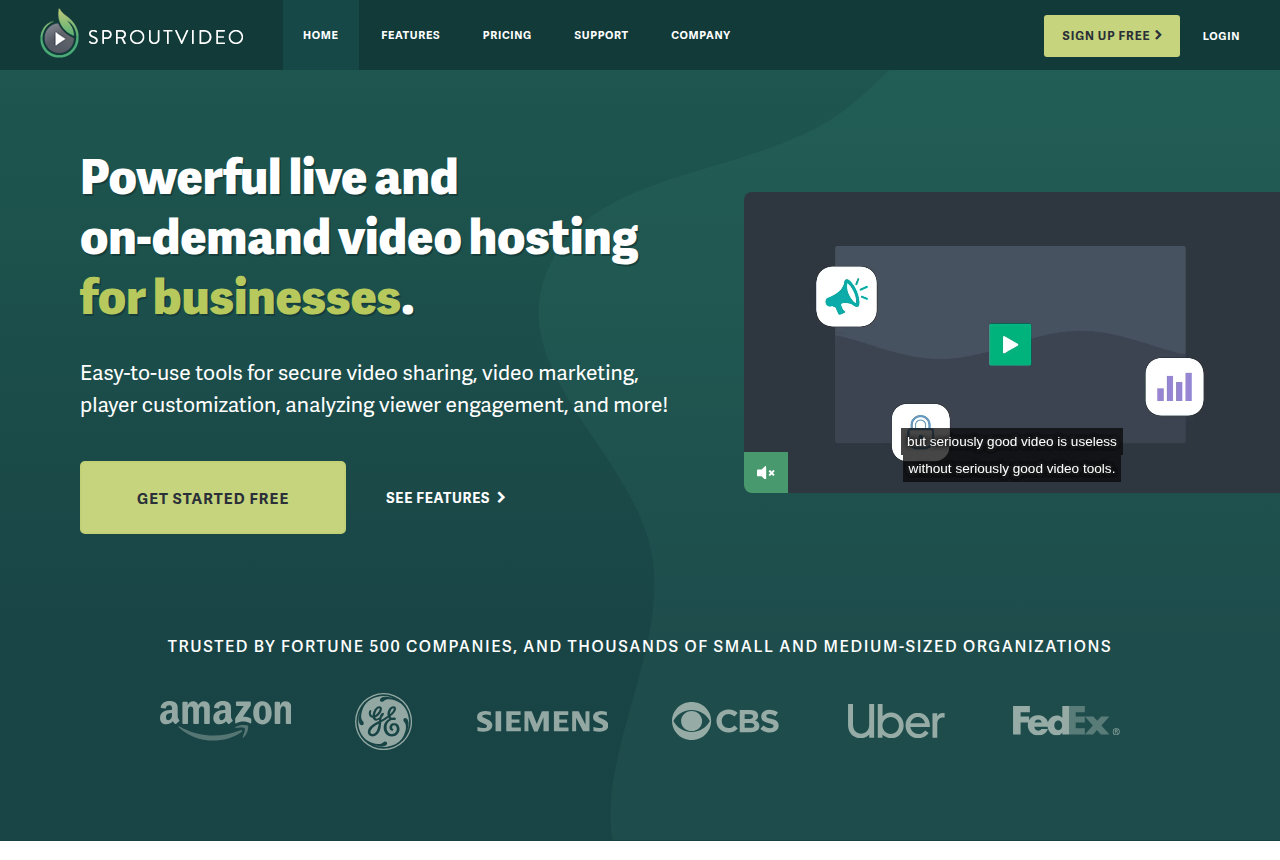 SproutVideo homepage promising live and on-demand video hosting for businesses, with Get Started Free and See Features buttons
