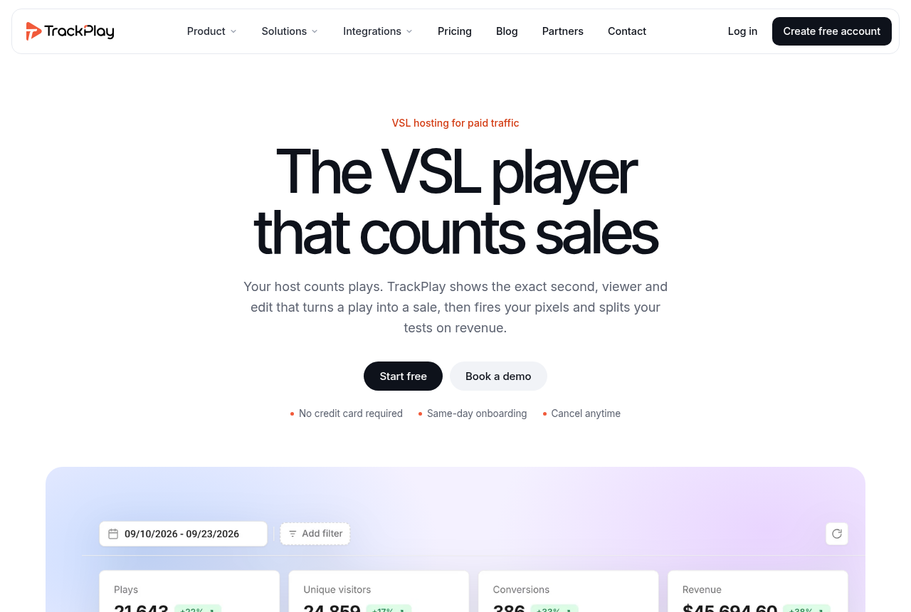 TrackPlay homepage, headed 'The VSL player that counts sales', on its dark hero