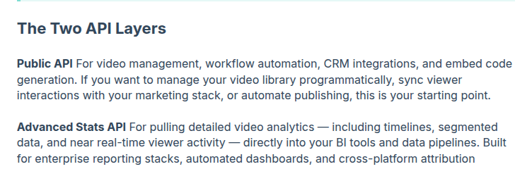 The Vidalytics help doc heading "The Two API Layers", describing the Public API for video management, automation, CRM integrations and embed generation, and the Advanced Stats API for analytics into BI tools.
