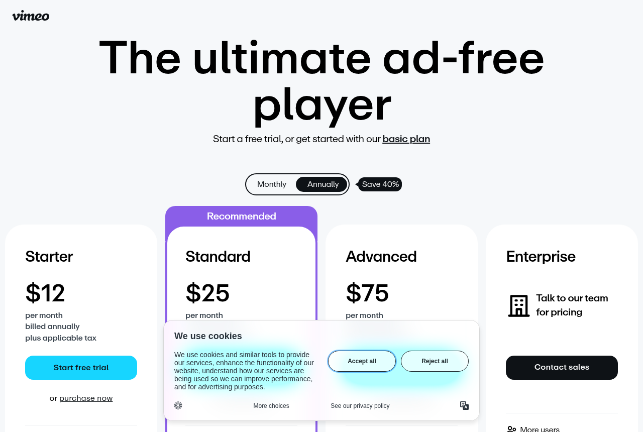 Vimeo homepage showing its professional video hosting and player